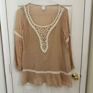 Eberjey Free Spirit Tunic Dress Size Medium Large Peach Crochet Long Sleeve Boho